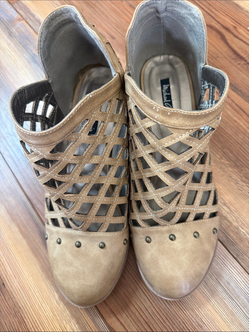 Michael Antonio Tan Cutout Caged Ankle boots with Stud Accents
